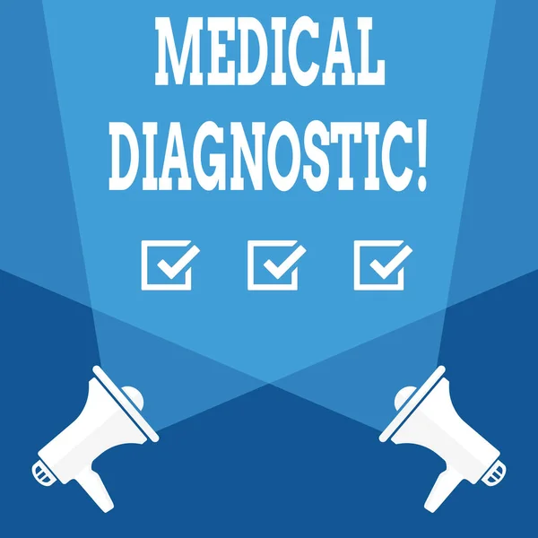 Word writing text Medical Diagnostic. Business concept for detection of diseases or other medical conditions Blank Double Spotlight Crisscrossing Upward from Two Megaphones on the Floor. — Stock Photo, Image