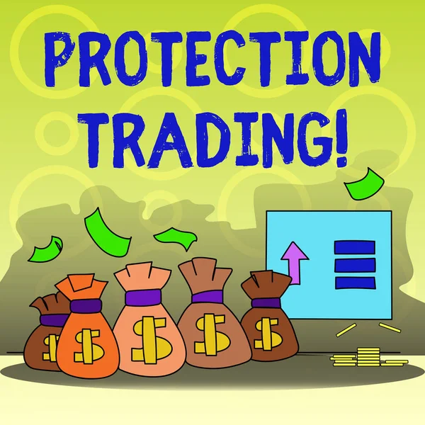 Writing note showing Protection Trading. Business photo showcasing deliberate attempt to limit imports or promote exports Bag with Dollar Currency Sign and Arrow with Blank Banknote. — 스톡 사진