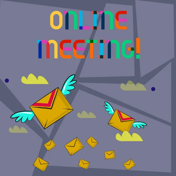 Написание текстов в режиме онлайн. Business concept for a meeting that takes place over an electronic medium Many Colorful Airmail Flying Letter Envelopes and Two of them with Wings . — стоковое фото