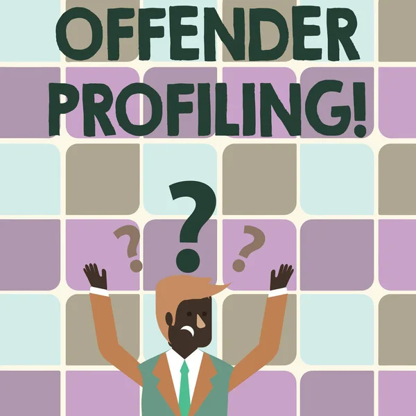 Writing note showing Offender Profiling. Business photo showcasing Develop profiles for offenders who not yet apprehended Businessman Raising Both Arms with Question Marks Above Head. — Stok fotoğraf