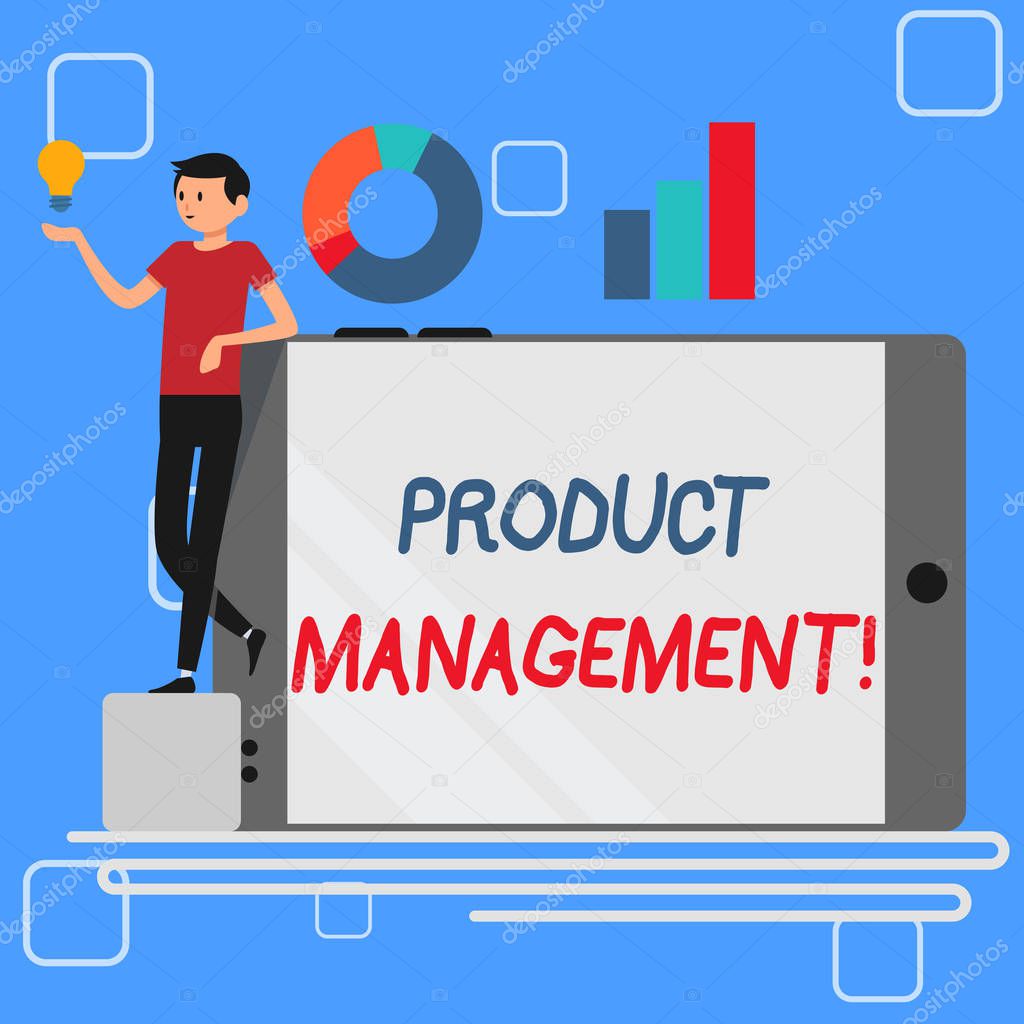 Handwriting text Product Management. Concept meaning organisational lifecycle function within a company Man Leaning on Blank Smartphone Turned on Its Side with Graph and Idea Icon.
