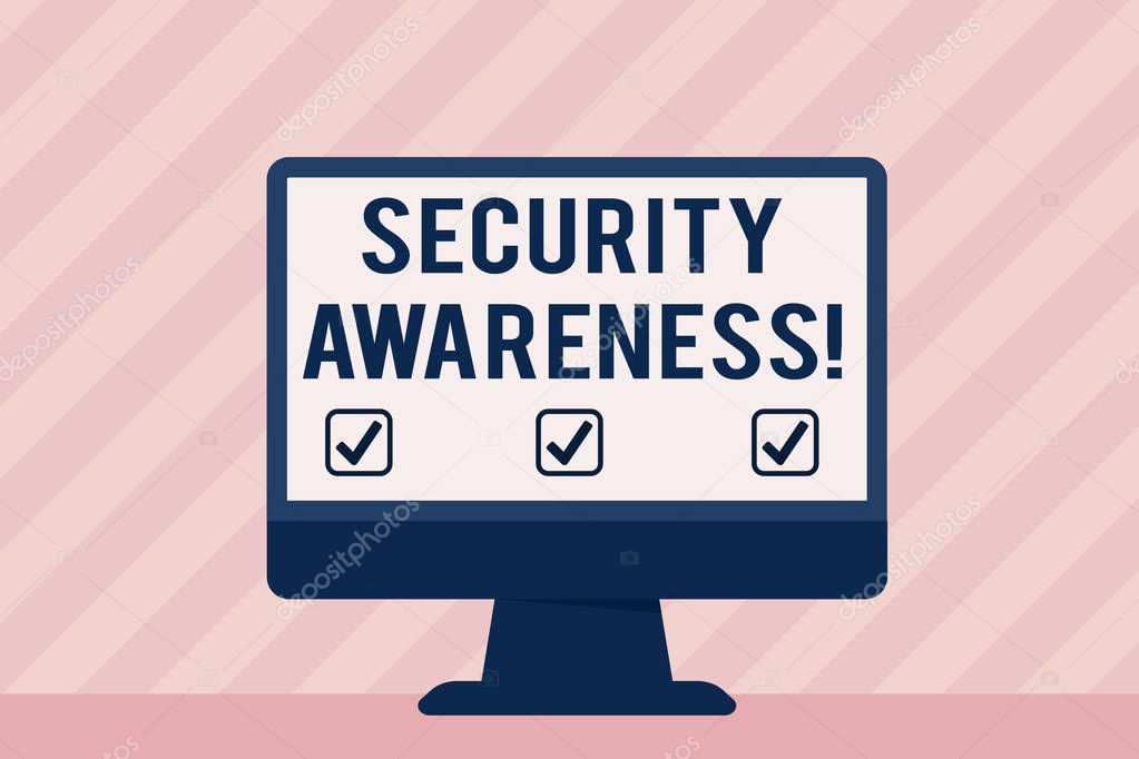 Handwriting text Security Awareness. Concept meaning educating employees about the computer security Blank Space Desktop Computer Colorful Monitor Screen Freestanding on Table.