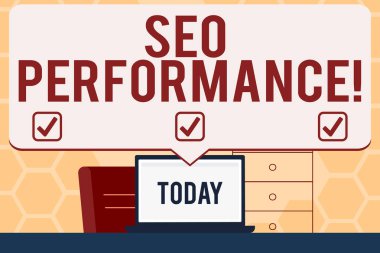 Seo Perforanalysisce'ı gösteren bir metin işareti. Kavramsal fotoğraf web sitesi Blank Huge Speech Bubble Workspace Idea Beyaz Laptop Ekran işaret trafik miktarı ve kalitesini artırmak.