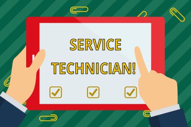 Word writing text Service Technician. Business concept for Managing all on site installation and repair task Hand Holding Pointing Touching Blank Rectangular Color Tablet White Screen.