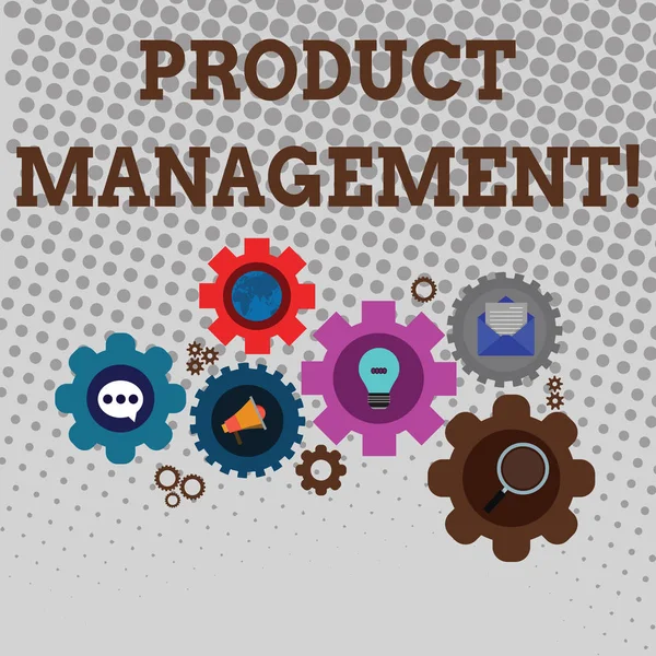 Handwriting text writing Product Management. Concept meaning organisational lifecycle function within a company Set of Global Online Social Networking Icons Inside Colorful Cog Wheel Gear. — Stock Photo, Image