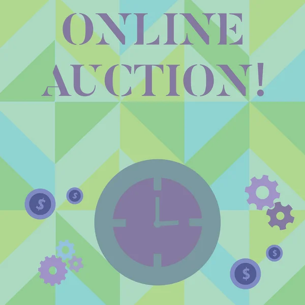 Text sign showing Online Auction. Conceptual photo process of buying and selling goods or services online Time Management Icons of Clock, Cog Wheel Gears and Dollar Currency Sign. — Stockfoto