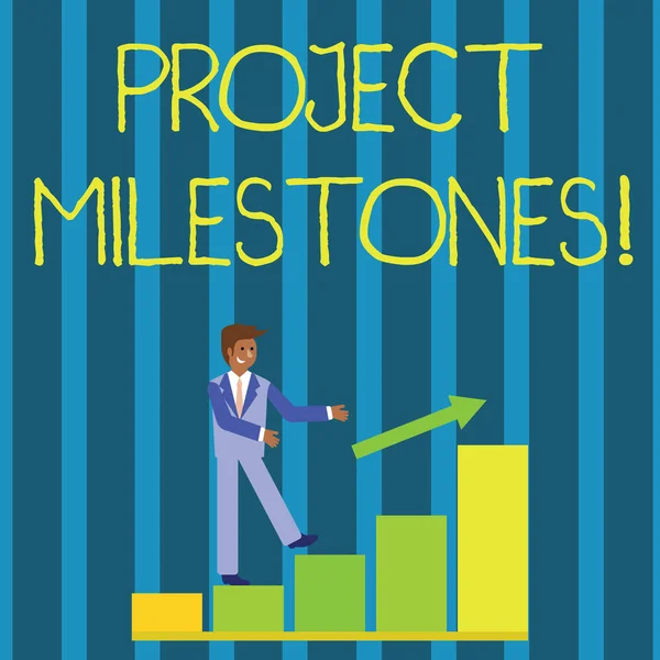 Writing note showing Project Milestones. Business photo showcasing duration that shows an important achievement in a project Smiling Businessman Climbing Bar Chart Following an Arrow Up. — Stok fotoğraf