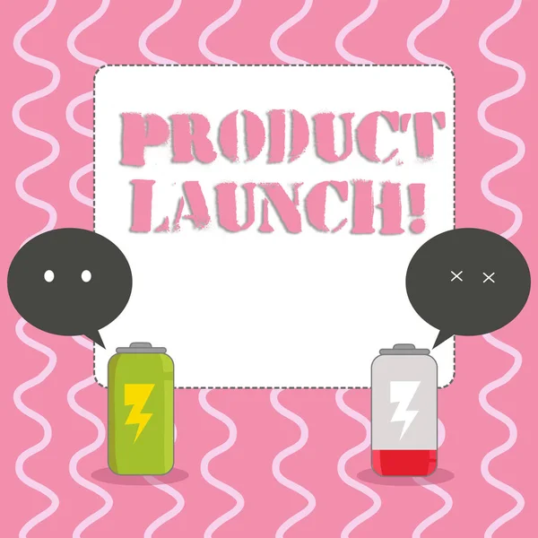 Text sign showing Product Launch. Conceptual photo process to introduce new product for sale for the first time Fully Charged and Discharged Battery with Two Colorful Emoji Speech Bubble.