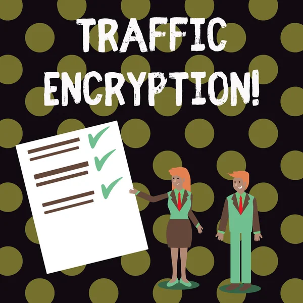 Text sign showing Traffic Encryption. Conceptual photo method of securing the transmission of information Man and Woman in Business Suit Presenting Report of Check and Lines on Paper. — Stockfoto