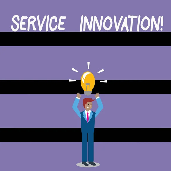 Writing note showing Service Innovation. Business photo showcasing changing the way you serve better your customers Businessman Raising Arms Upward with Lighted Bulb icon above. — Stok fotoğraf