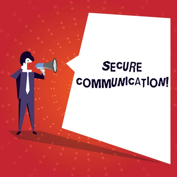 Writing note showing Secure Communication. Business photo showcasing preventing unauthorized interceptors from accessing Businessman Shouting on Megaphone and White Speech Bubble. — 스톡 사진
