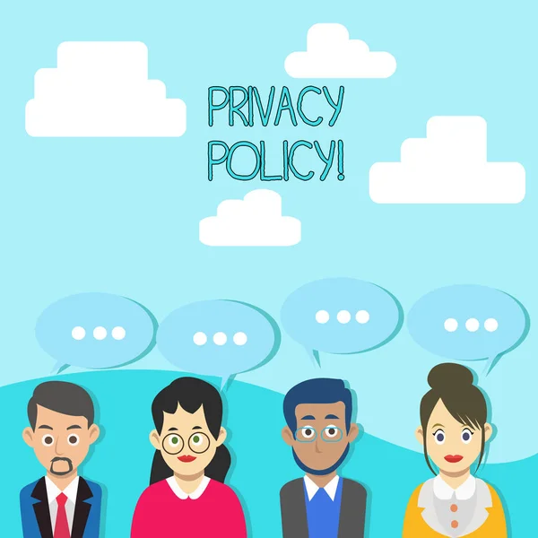 Scrittura di testi Word Privacy Policy. Concetto di business per dichiarazione o un documento legale che divulga i dati dei clienti Gruppo di persone d'affari con Blank Color Chat Speech Bubble con tre punti . — Foto Stock