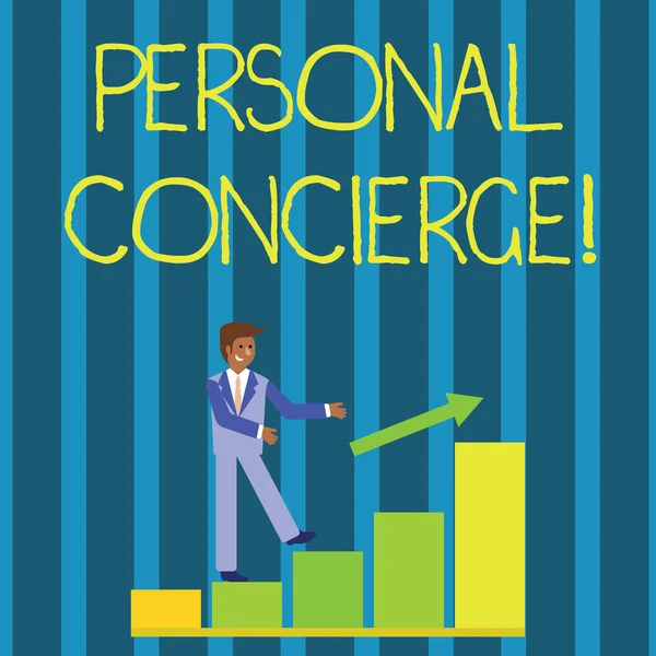 Writing note showing Personal Concierge. Business photo showcasing someone who will make arrangements or run errands Smiling Businessman Climbing Bar Chart Following an Arrow Up. — Stock Photo, Image