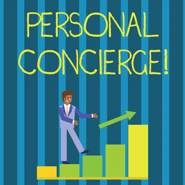 Writing note showing Personal Concierge. Business photo showcasing someone who will make arrangements or run errands Smiling Businessman Climbing Bar Chart Following an Arrow Up. — Stok fotoğraf