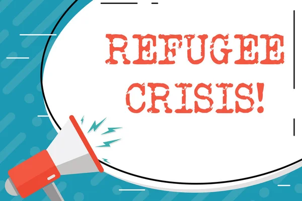 Handwriting text Refugee Crisis. Concept meaning refer to movements of large groups of displaced showing Blank White Huge Oval Shape Sticker and Megaphone Shouting with Volume Icon.