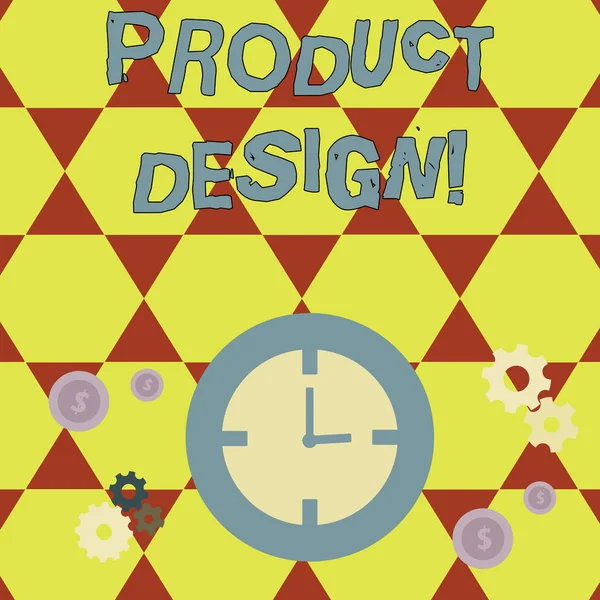 Psaní konceptuálních rukou s návrhem výrobku. Proces vytváření a vylepšování produktu v zaměstnání pro klienty vyžaduje časovou správu ikony hodin, kolečkových kol a dolaru. — Stock fotografie