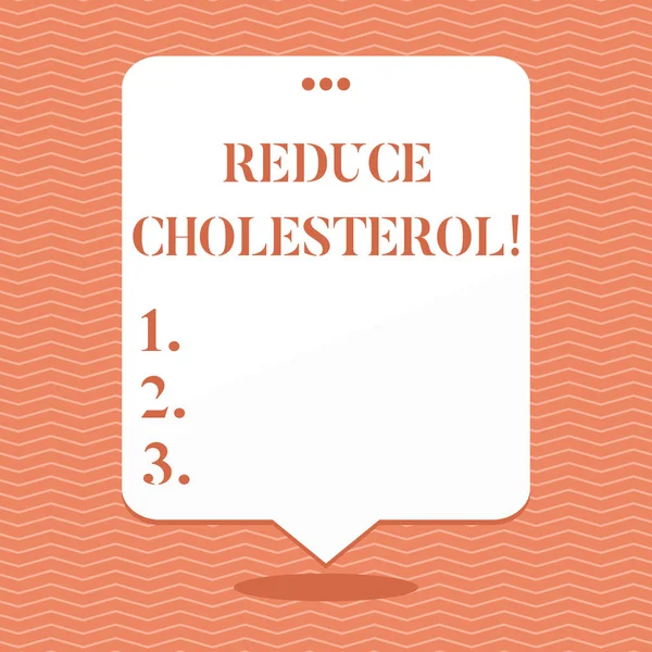 Conceptual hand writing showing Reduce Cholesterol. Business photo showcasing lessen the intake of saturated fats in the diet Blank White Speech Balloon Floating with Punched Hole on Top.