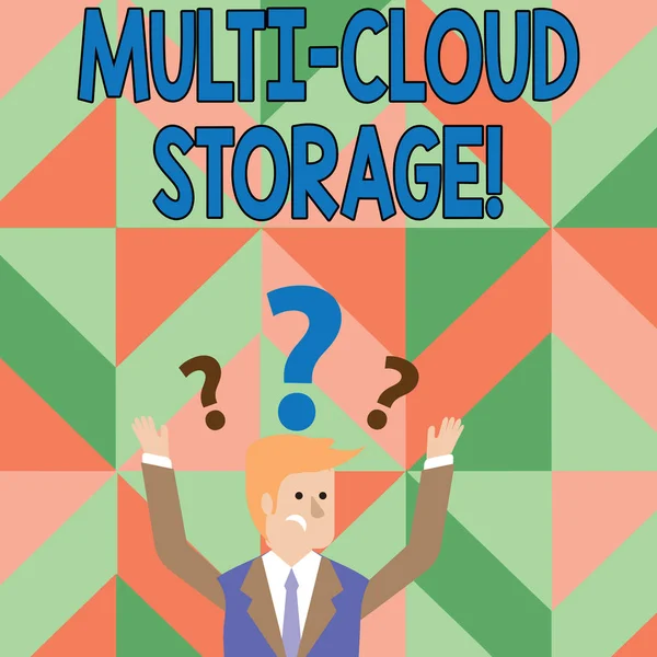 Текстовый знак, показывающий Multi Cloud Storage. Концептуальное использование нескольких облачных вычислений и служб хранения данных Запутавшийся бизнесмен поднимает обе руки с вопросительными знаками над головой . — стоковое фото