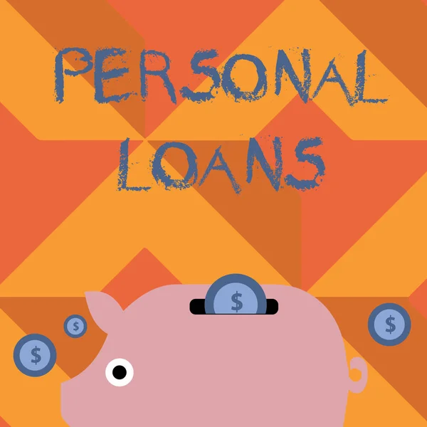 Handwriting text writing Personal Loans. Concept meaning unsecured loan and helps you meet your financial needs Colorful Piggy Money Bank and Coins with Dollar Currency Sign in the Slit. — Stock Photo, Image
