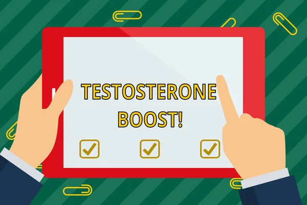 Word writing text Testosterone Boost. Business concept for rise of primary male sex hormone and an anabolic steroid Hand Holding Pointing Touching Blank Rectangular Color Tablet White Screen. — 스톡 사진