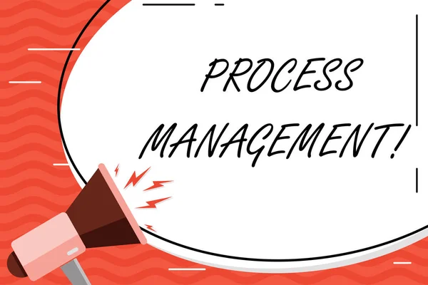 Word writing text Process Management. Business concept for aligning processes with an organization s is strategic goals Blank White Huge Oval Shape Sticker and Megaphone Shouting with Volume Icon. — Stok fotoğraf