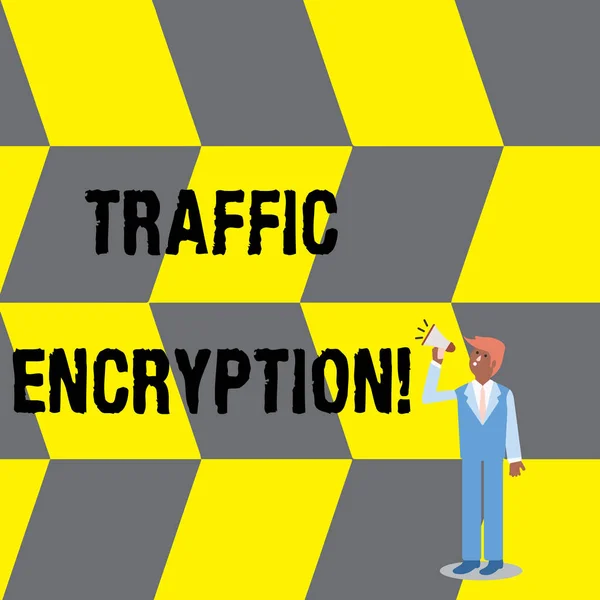 Text sign showing Traffic Encryption. Conceptual photo method of securing the transmission of information Businessman Looking Up, Holding and Talking on Megaphone with Volume Icon. — Stockfoto