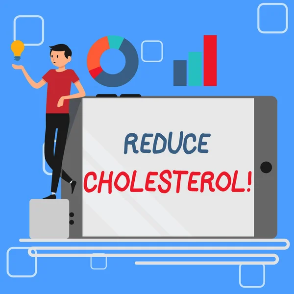 Handwriting text Reduce Cholesterol. Concept meaning lessen the intake of saturated fats in the diet Man Leaning on Blank Smartphone Turned on Its Side with Graph and Idea Icon. — Stock Photo, Image