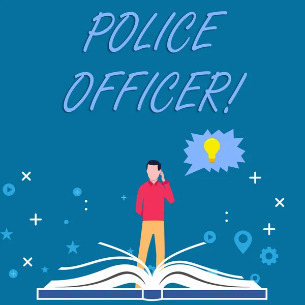 Writing note showing Police Officer. Business photo showcasing a demonstrating who is an officer of the law enforcement team Man Standing Behind Open Book Jagged Speech Bubble with Bulb. — Stok fotoğraf