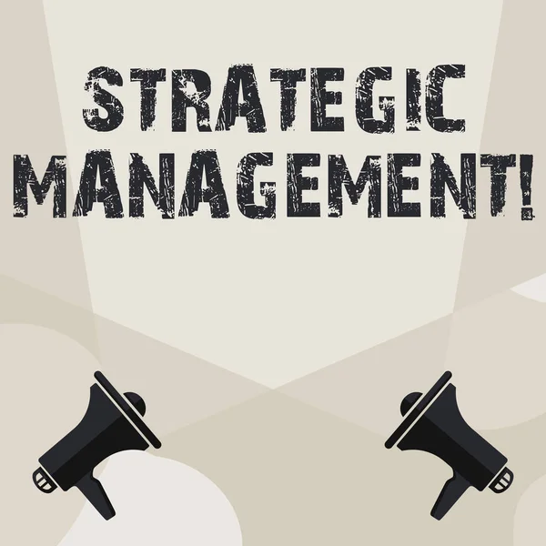 Conceptual hand writing showing Strategic Management. Business photo showcasing formulation and implementation of the major goals Spotlight Crisscrossing Upward from Megaphones on the Floor.