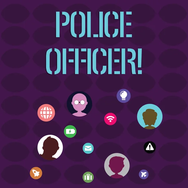 Handwriting text writing Police Officer. Concept meaning a demonstrating who is an officer of the law enforcement team Networking Technical Icons with Chat Heads Scattered on Screen for Link Up. — Stock Photo, Image