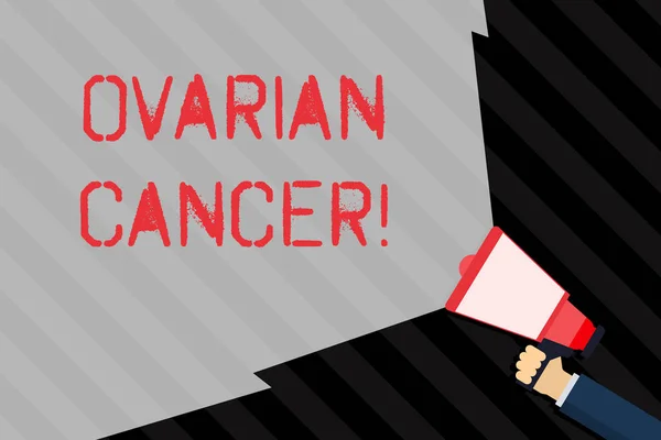 Handwriting text writing Ovarian Cancer. Concept meaning any cancerous growth that forms in the tissues of the ovary Hand Holding Megaphone with Blank Wide Beam for Extending the Volume Range.