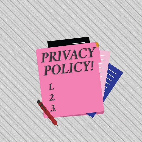 显示隐私政策的文本符号。概念照片声明或法律文件，披露客户数据 彩色衬里纸文具部分到视图从粘贴空白文件夹. — 图库照片