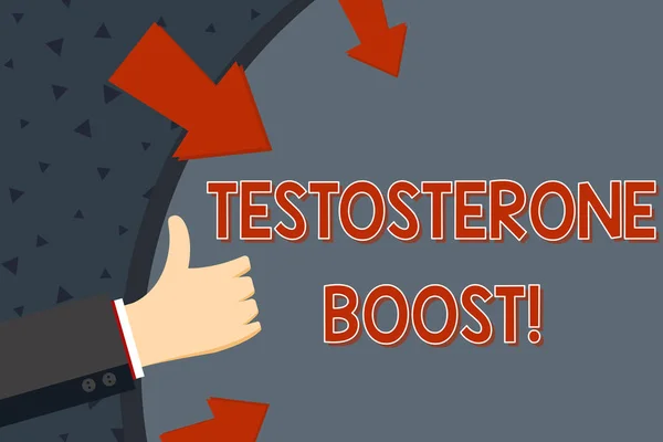 Text sign showing Testosterone Boost. Conceptual photo rise of primary male sex hormone and an anabolic steroid Hand Gesturing Thumbs Up and Holding on Blank Space Round Shape with Arrows.