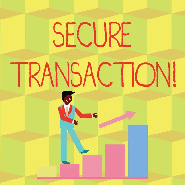 Handwriting text Secure Transaction. Concept meaning a transaction intended to create a security interest Smiling Businessman Climbing Colorful Bar Chart Following an Arrow Going Up.