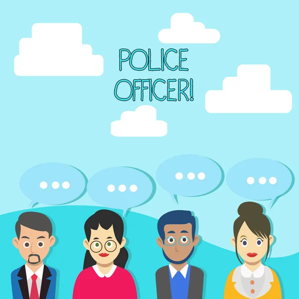 Word writing text Police Officer. Business concept for a demonstrating who is an officer of the law enforcement team Group of Business People with Blank Color Chat Speech Bubble with Three Dots. — Stok fotoğraf