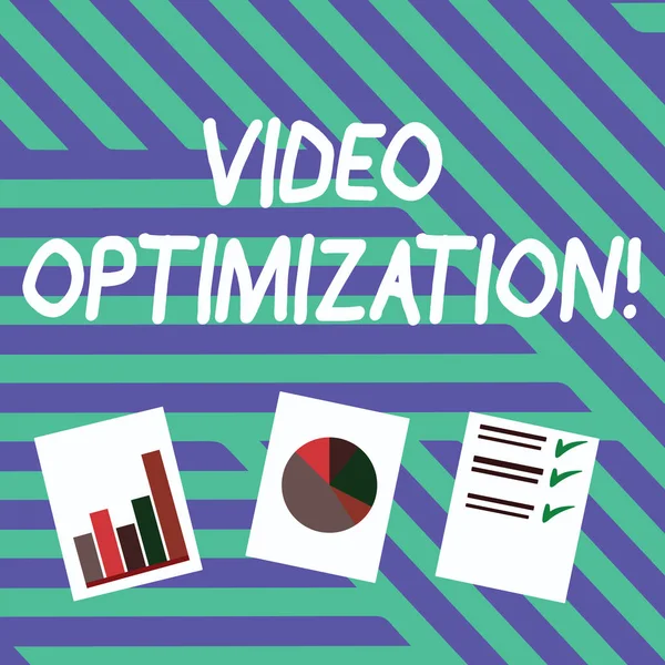 Conceptual hand writing showing Video Optimization. Business photo text to ensure or improve consumer viewing experience Presentation of Bar, Data and Pie Chart Graph on White Paper.