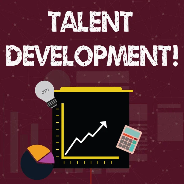 Testi scritti a mano Talent Development. Concetto che significa anticipazione del capitale huanalysis richiesto per l'organizzazione Icone di investimento di torta e grafico di linea con freccia che sale, lampadina, calcolatrice . — Foto Stock