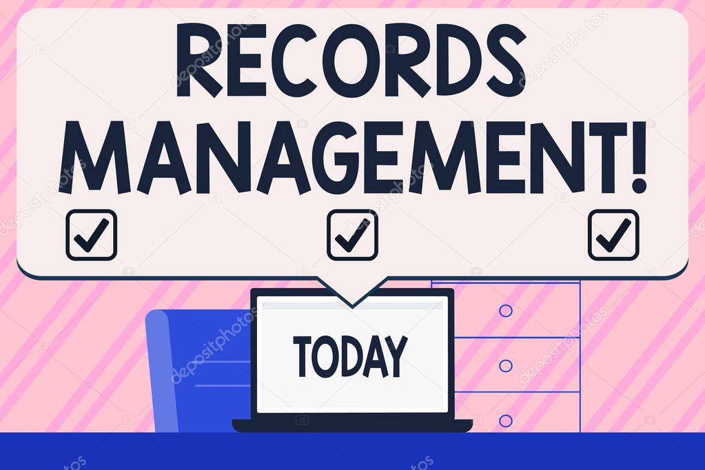 Conceptual hand writing showing Records Management. Business photo text administration of records and documented information Blank Huge Speech Bubble Pointing to the White Laptop Screen.