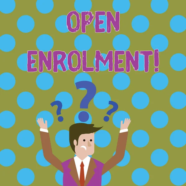 Handwriting text writing Open Enrolment. Concept meaning period during which members can choose an alternate plan Confused Businessman Raising Both Arms with Question Marks Above his Head. — Stok fotoğraf