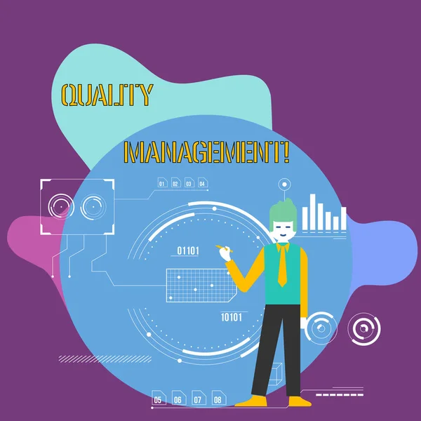 Konceptuell handskrivning som visar kvalitetshantering. Business Photo skylta övervaka och upprätthålla en önskad nivå av excellens man håller penna pekar på diagram diagram SEO process ikoner. — Stockfoto