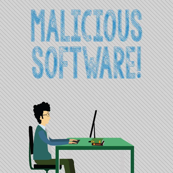 Textzeichen, die Schadsoftware zeigen. konzeptionelles Foto der Software, die einem Geschäftsmann, der gerade auf einem Stuhl sitzt und an einem Computer und Büchern auf dem Tisch arbeitet, Schaden zufügt. — Stockfoto