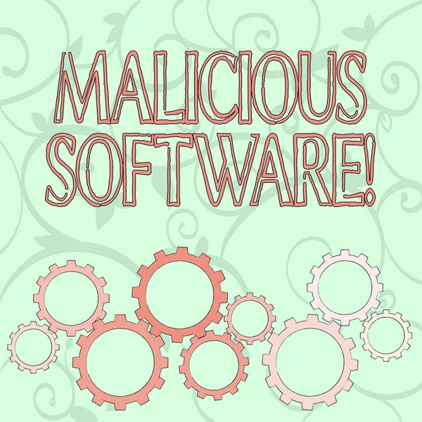Writing note showing Malicious Software. Business photo showcasing the software that brings harm to a computer system Colorful Cog Wheel Gear Engaging, Interlocking and Tesselating. — Stok fotoğraf