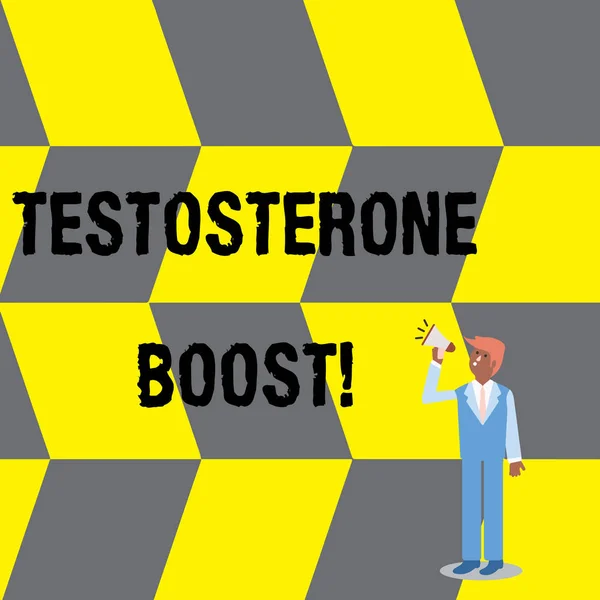 Text sign showing Testosterone Boost. Conceptual photo rise of primary male sex hormone and an anabolic steroid Businessman Looking Up, Holding and Talking on Megaphone with Volume Icon.