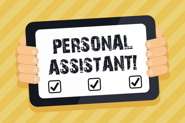 Text sign showing Personal Assistant. Conceptual photo administrative assistant working exclusively for a demonstrating Color Tablet Smartphone with Blank Screen Handheld from the Back of Gadget.