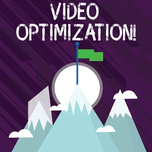 Word writing text Video Optimization. Business concept for to ensure or improve consumer viewing experience Three High Mountains with Snow and One has Blank Colorful Flag at the Peak. — 스톡 사진