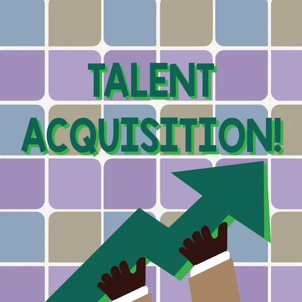 Conceptual hand writing showing Talent Acquisition. Business photo showcasing process of finding and acquiring skilled huanalysis labor Hand Holding Colorful Huge 3D Arrow Pointing and Going Up.