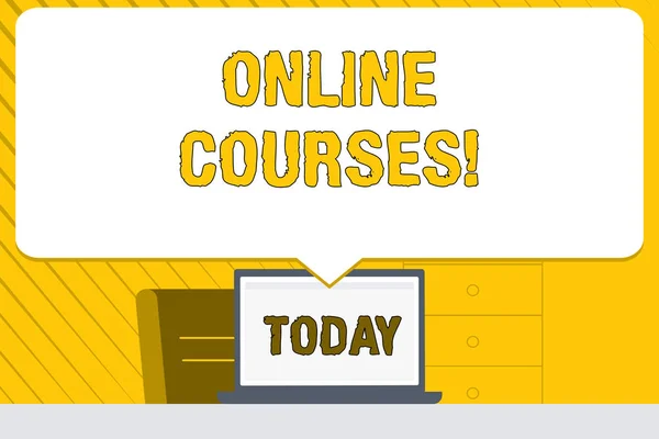 Word writing text Online Courses. Business concept for courses deliver a series of lessons to a web browser Blank Huge Speech Bubble Pointing to White Laptop Screen in Workspace Idea.