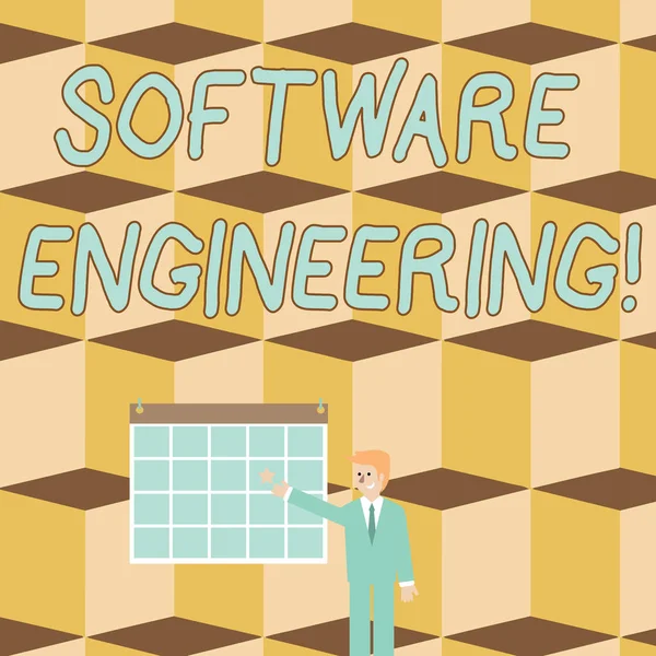 Text sign showing Software Engineering. Conceptual photo apply engineering to the development of software Businessman Smiling and Pointing to Colorful Calendar with Star Hang on Wall.