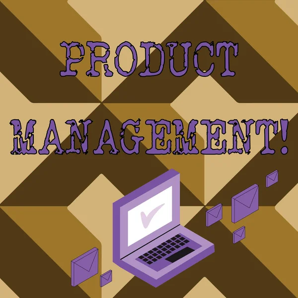 Conceptual hand writing showing Product Management. Business photo text organisational lifecycle function within a company Mail Envelopes around Laptop with Check Mark icon on Monitor. — Stock Photo, Image