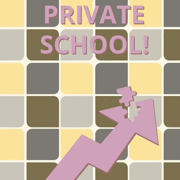 Word writing text Private School. Business concept for an independent school supported wholly by the payment of fees Colorful Arrow Pointing Upward with Detached Part Like Jigsaw Puzzle Piece. — Stok fotoğraf